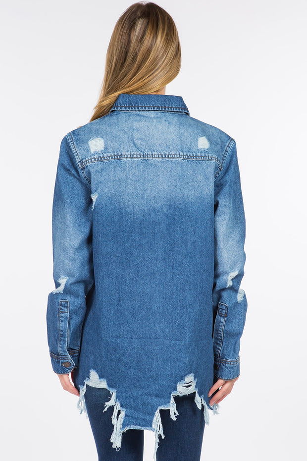 Bazi Distressed Frayed Hem Denim Jacket