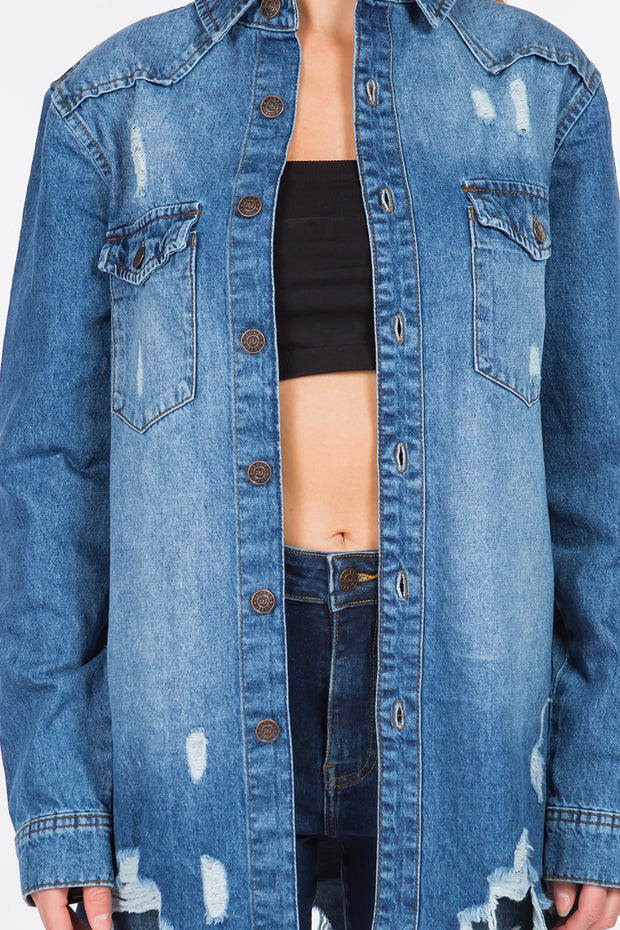 Bazi Distressed Frayed Hem Denim Jacket