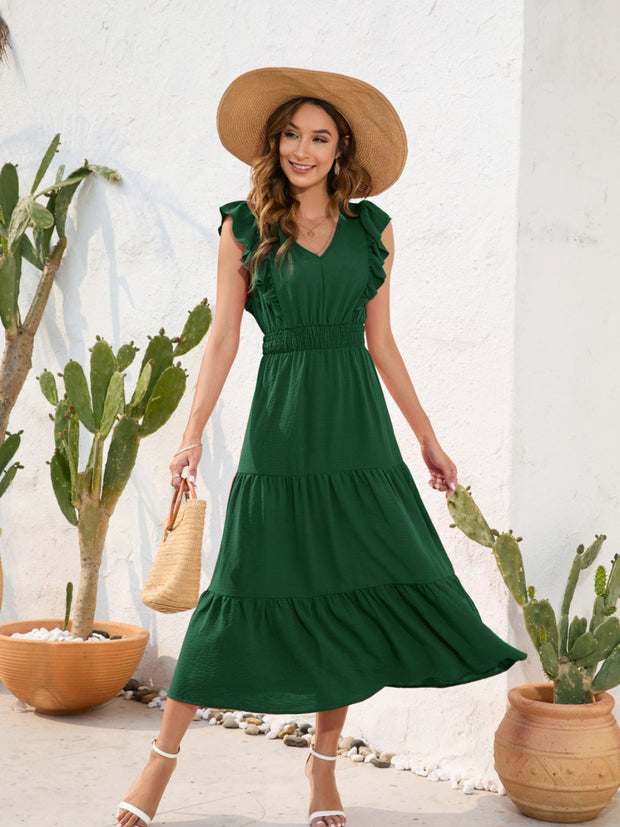 PREORDER Tiered Ruffled V-Neck Cap Sleeve Dress 4 Colors