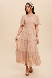 Smocked Floral Dress in Peach